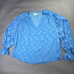 Entro Blouse Womens Medium Blue Long Sleeve Textured V Neck Lined Sheer Top